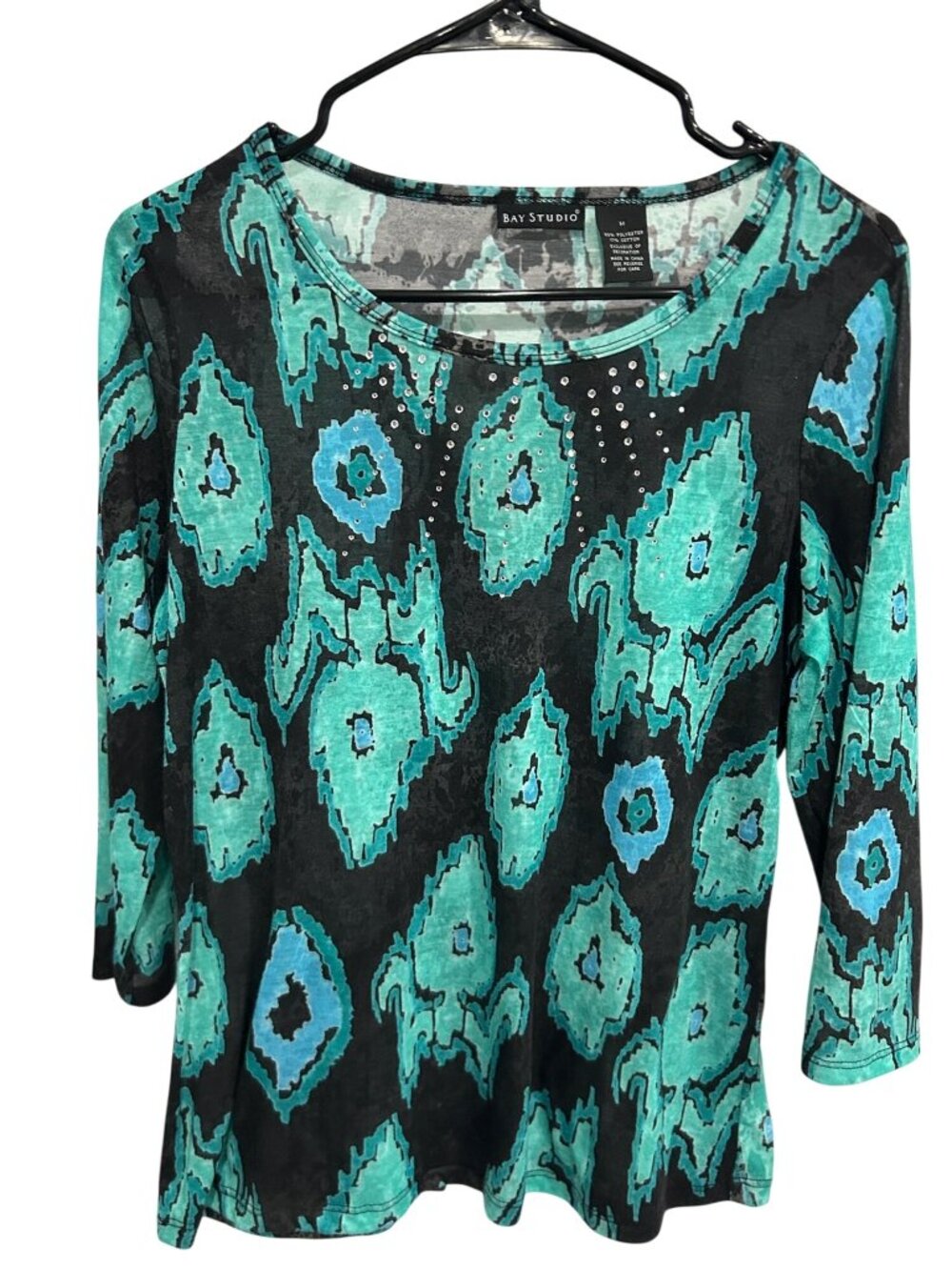 Bay Studio Medium Black Turquoise Ikat Print 3/4 Sleeve Top Scoop Neck Retro